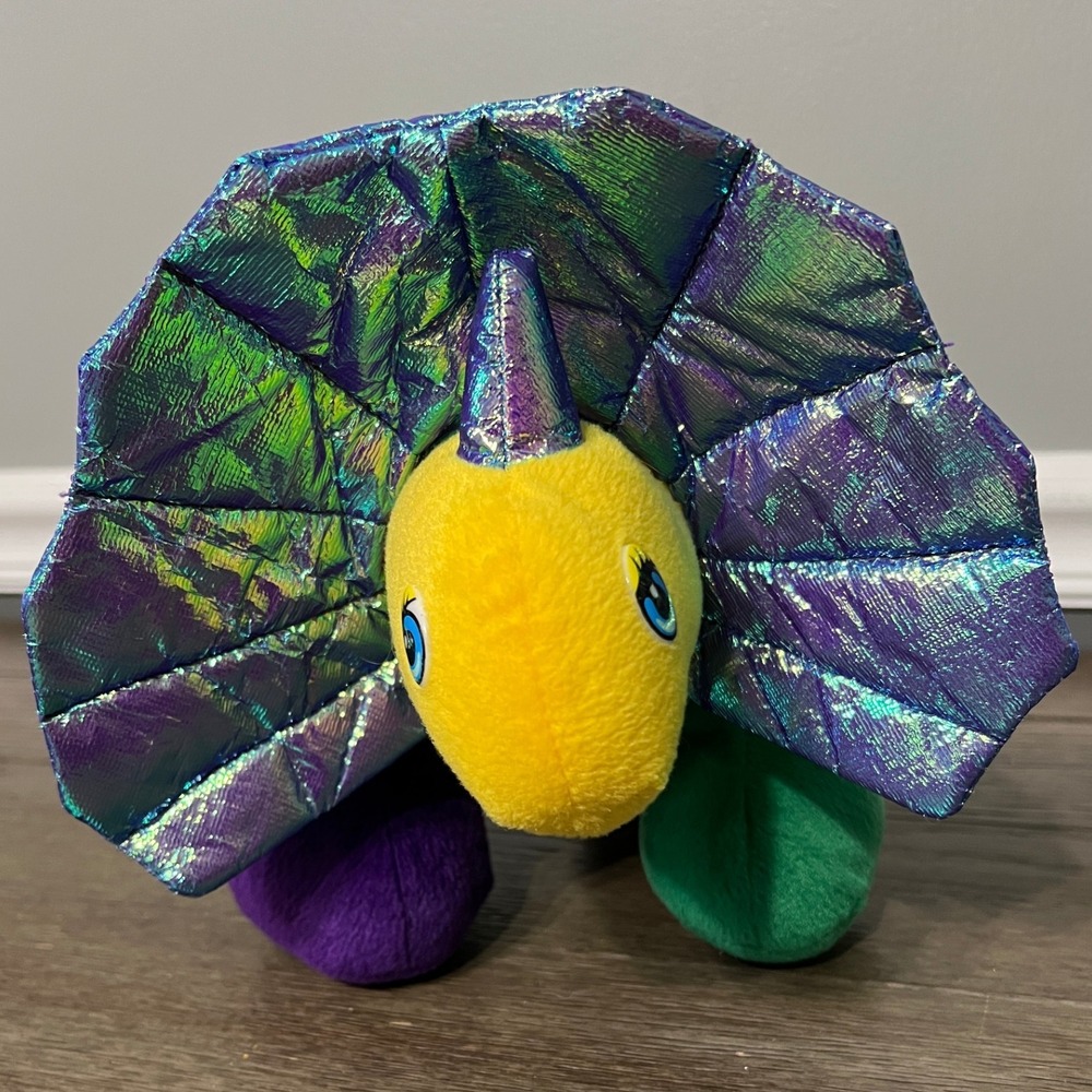 Vintage Triceratops Dinosaur Plush Iridescent Y/G/P Color Block Stuffed Toy
